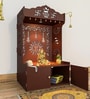 Brown Wooden Floor Pooja Mandir with Kalash & Om Design Laser-Cut Bell Motifs & Storage Cabinet