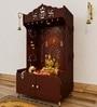 Brown Wooden Floor Pooja Mandir with Kalash & Om Design Laser-Cut Bell Motifs & Storage Cabinet