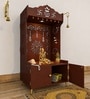 Brown Wooden Floor Pooja Mandir with Kalash & Om Design Laser-Cut Bell Motifs & Storage Cabinet