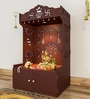 Brown Wooden Floor Pooja Mandir with Kalash & Om Design Laser-Cut Bell Motifs & Storage Cabinet
