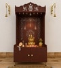 Brown Wooden Floor Pooja Mandir with Kalash & Om Design Laser-Cut Bell Motifs & Storage Cabinet