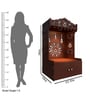 Brown Wooden Floor Pooja Mandir with Trishul & Kalash Design Laser-Cut Bell & Sun Motif Back Panel & Storage Cabinet