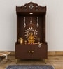 Brown Wooden Floor Pooja Mandir with Trishul & Kalash Design Laser-Cut Bell & Sun Motif Back Panel & Storage Cabinet