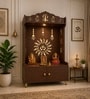 Brown Wooden Floor Pooja Mandir with Trishul & Kalash Design Laser-Cut Bell & Sun Motif Back Panel & Storage Cabinet