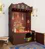 Brown Wooden Floor Pooja Mandir with Trishul & Kalash Design Laser-Cut Bell & Sun Motif Back Panel & Storage Cabinet