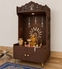 Brown Wooden Floor Pooja Mandir with Trishul & Kalash Design Laser-Cut Bell & Sun Motif Back Panel & Storage Cabinet
