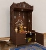Brown Wooden Floor Pooja Mandir with Trishul & Kalash Design Laser-Cut Bell & Sun Motif Back Panel & Storage Cabinet