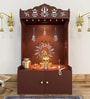 Brown Wooden Floor Pooja Mandir with Trishul & Kalash Design Laser-Cut Bell & Sun Motif Back Panel & Storage Cabinet