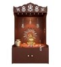 Brown Wooden Floor Pooja Mandir with Trishul & Kalash Design Laser-Cut Bell & Sun Motif Back Panel & Storage Cabinet