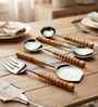 Brown Wooden Handle Stainless Steel 5 Pc Serving Spoons Set