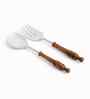 Brown Wooden Handle Stainless Steel Salad Serving Spoons Set Of 2