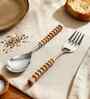 Brown Wooden Handle Stainless Steel Serving Spoons Set Of 2