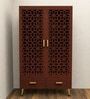 Brown Wooden Mandir for Home with Backlit Krishna and Peacocks