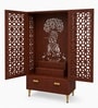 Brown Wooden Mandir for Home with Backlit Krishna and Peacocks
