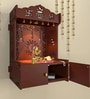 Brown Wooden Wall Mounted Temple with Om-Swastik Carving Pooja Mandir for Home