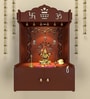 Brown Wooden Wall Mounted Temple with Om-Swastik Carving Pooja Mandir for Home
