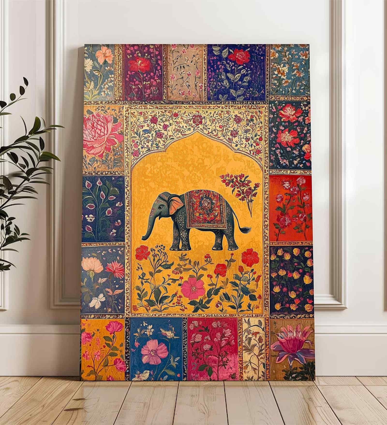 (1Pc) Multicolor Canvas Elephant Floral Wall Art