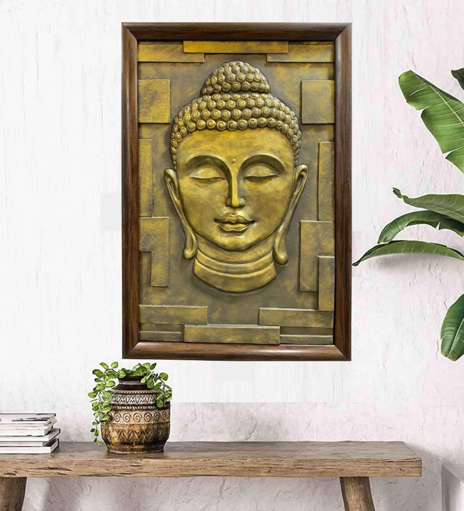 Buddha Bust Relief Wall Mural In Golden