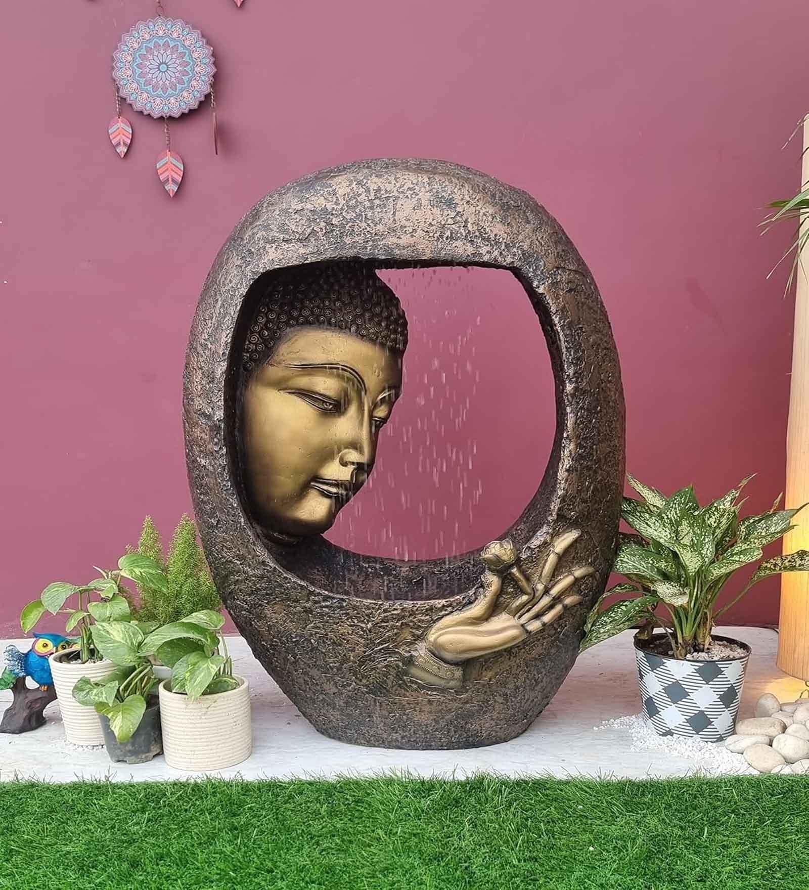 Buddha Face Shower Antique Gold Fiber Glass Indoor Fountain