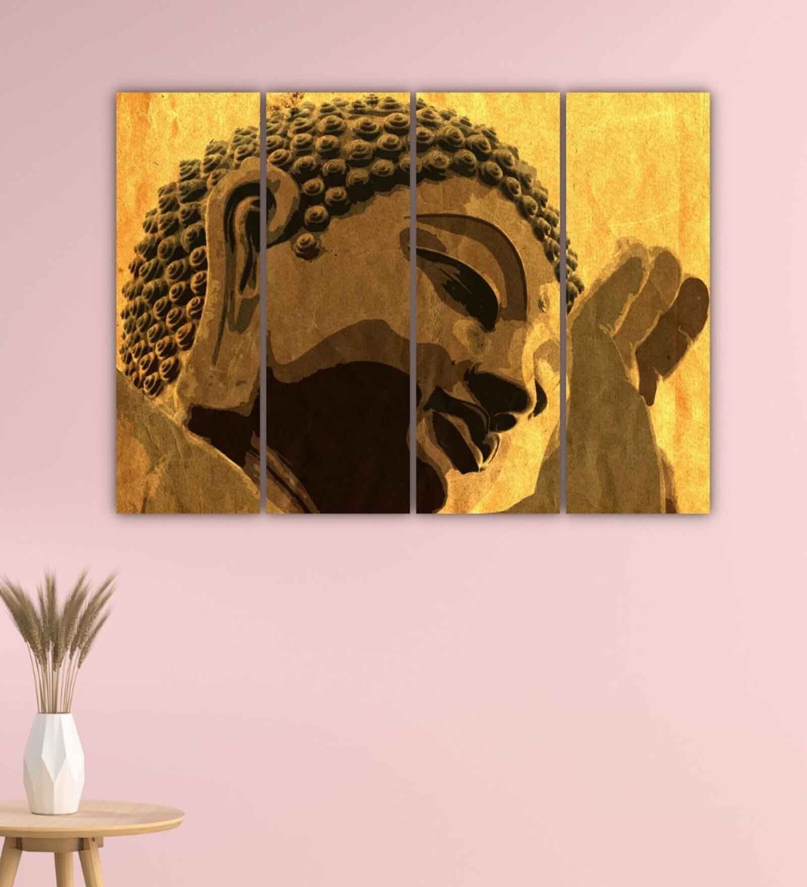 Buddha Yellow Wood Framed Spiritual Art Panels Set of 4