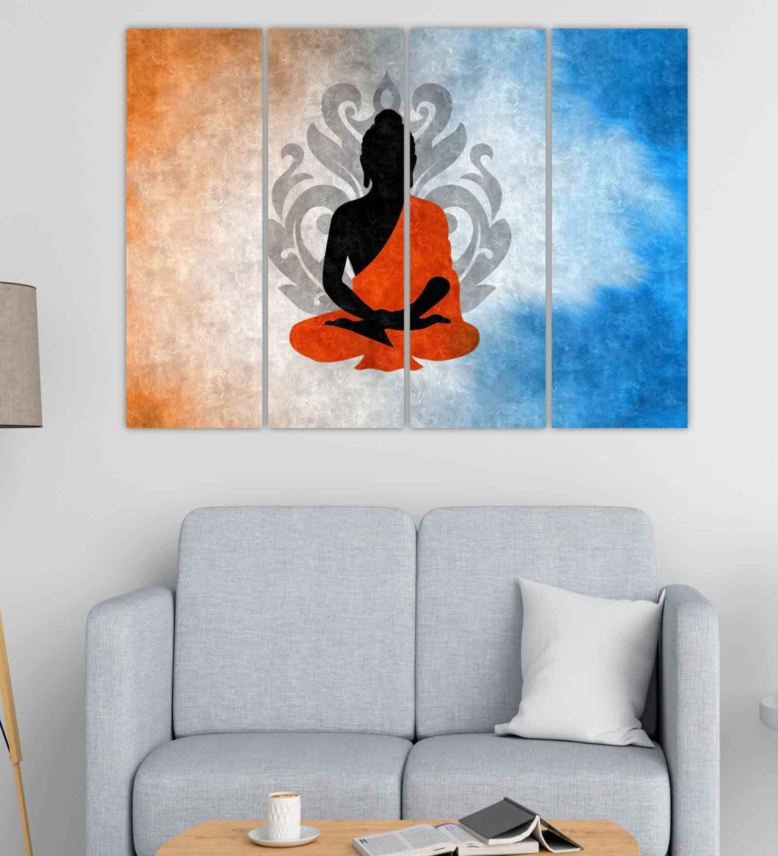 Buddha Meditation Orange Wood Framed Spiritual Art Panel Set of 4