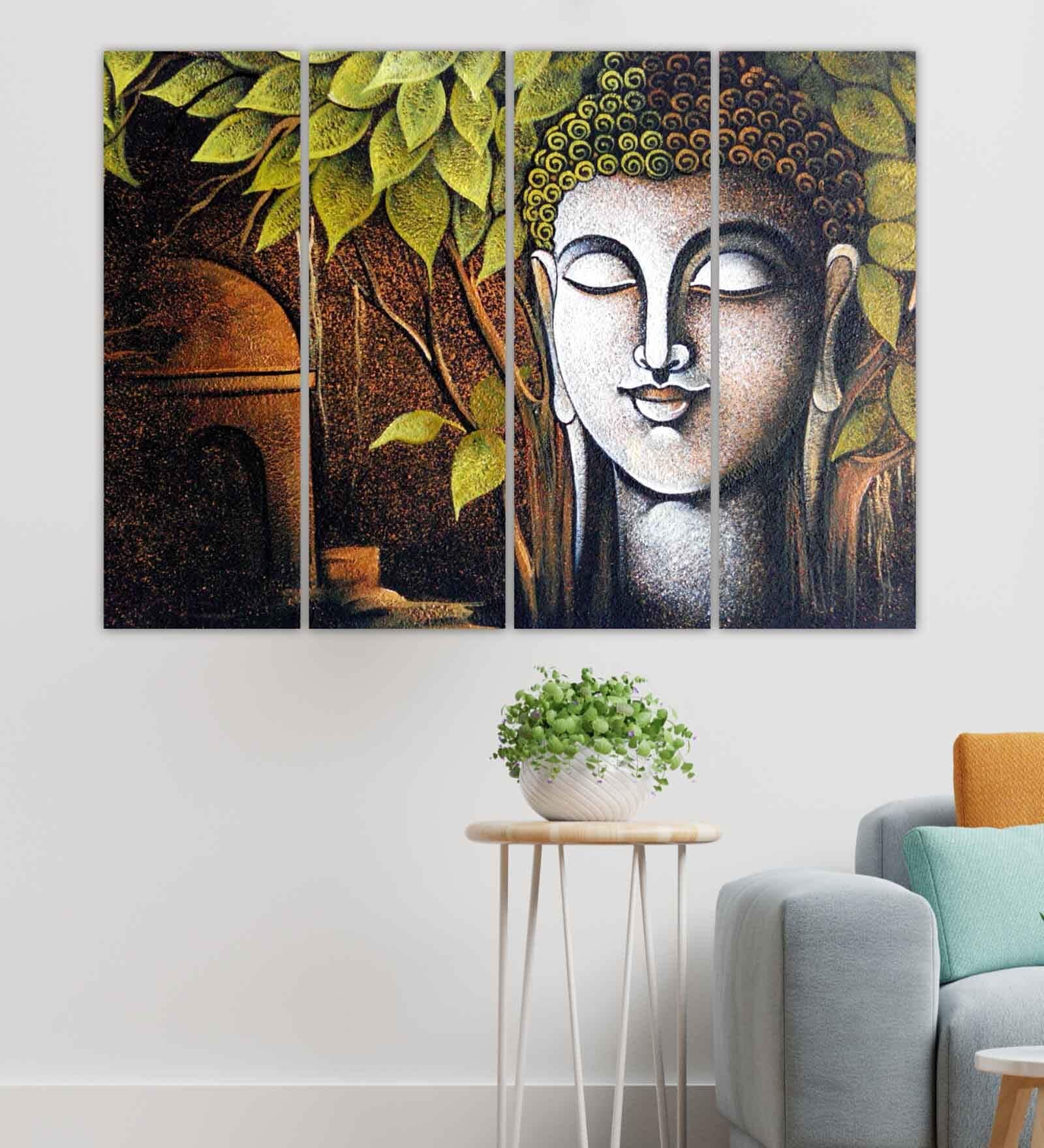 Buddha Religious Green Wood Framed Spiritual Art Panel Set of 4