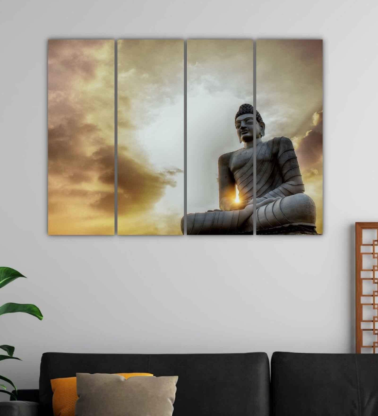 Buddha Religious Grey Wood Framed Spiritual Art Panel Set of 4