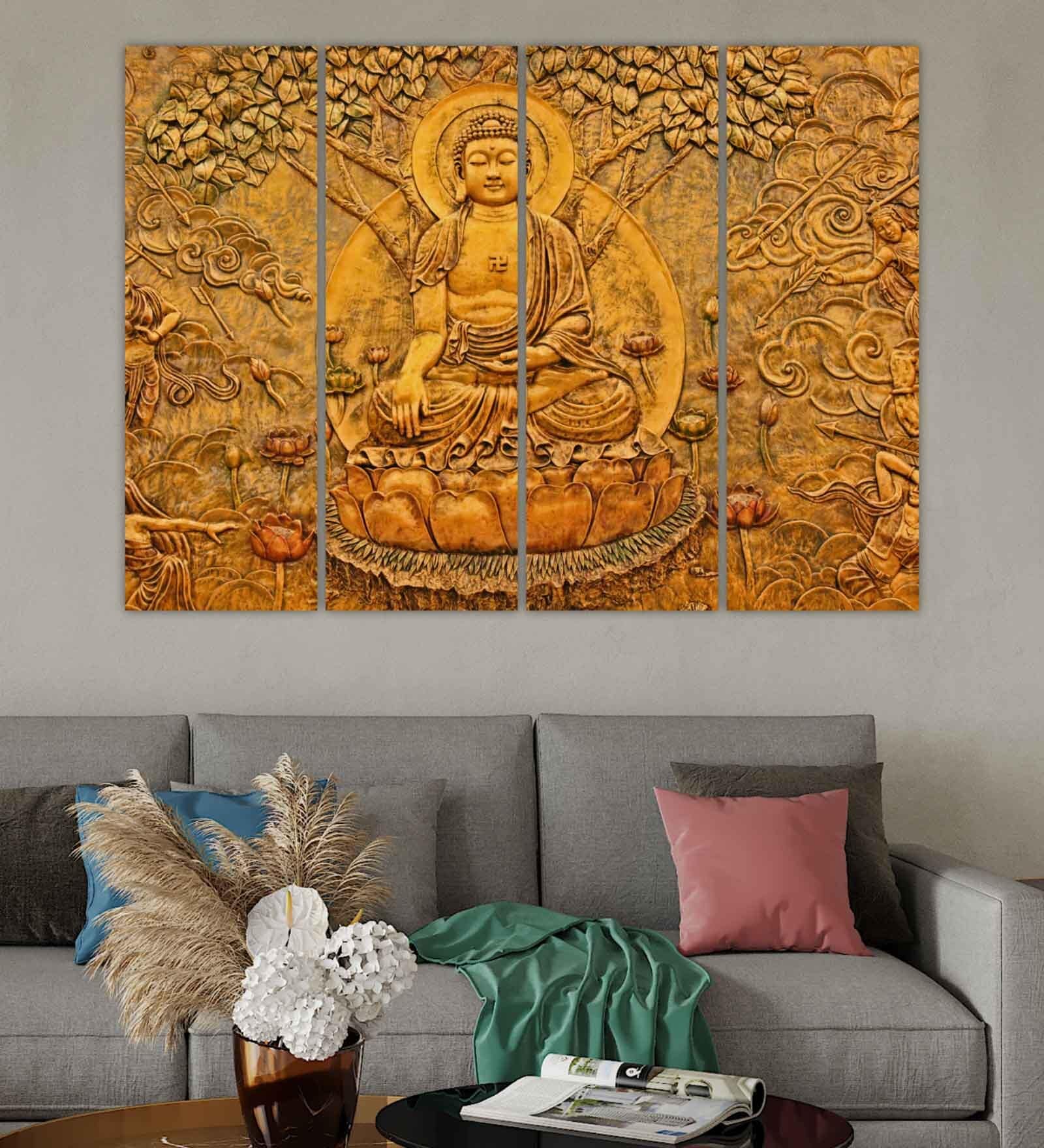 Buddha Orange Wood Framed Spiritual Art Panel Set of 4