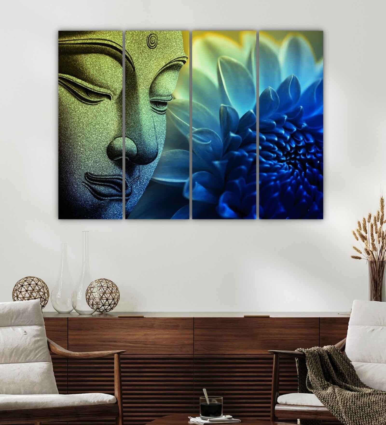 Buddha Religious Blue Wood Framed Spiritual Art Panel Set of 4