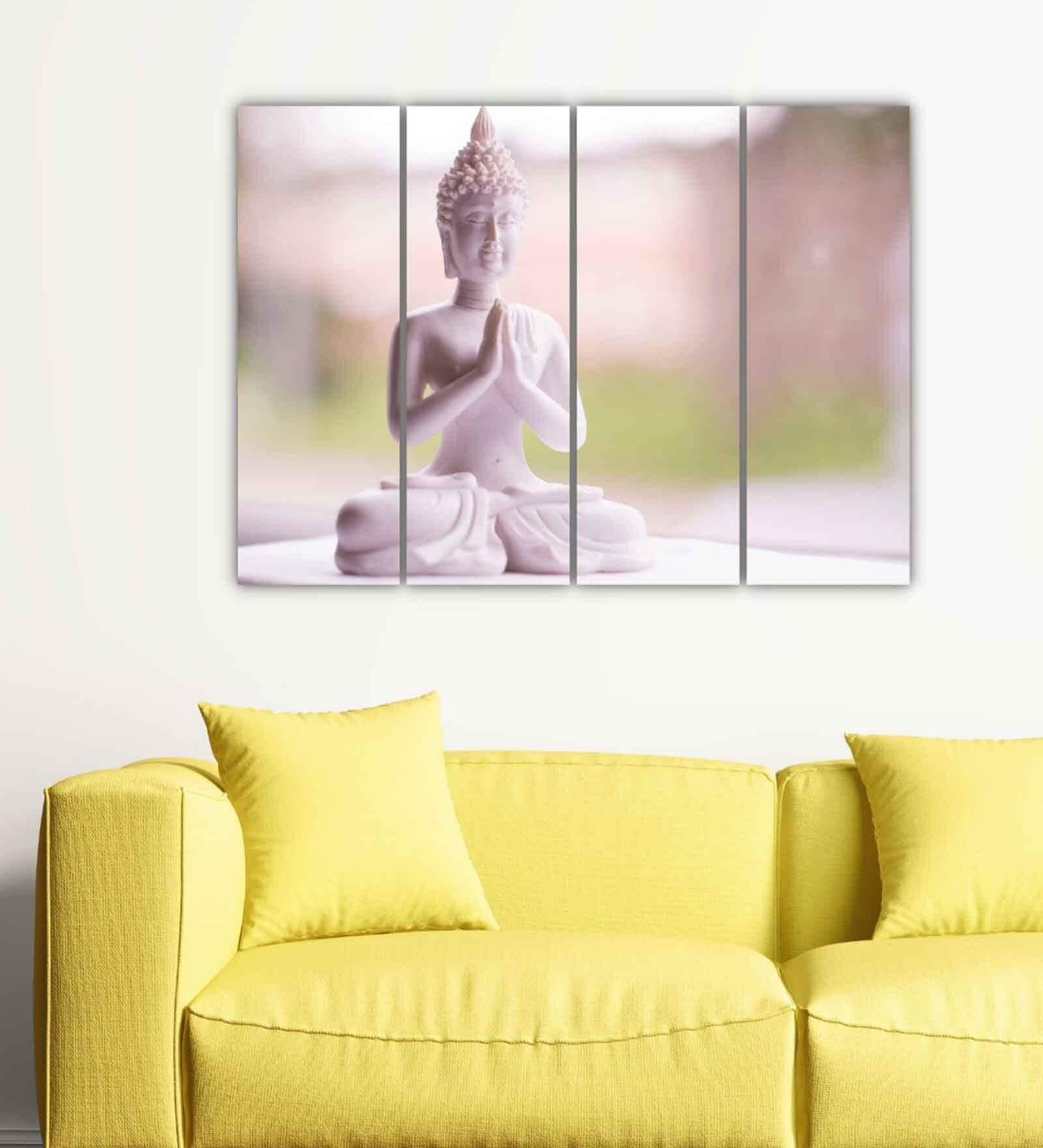 Buddha Meditating White Wood Framed Spiritual Art Panel Set of 4