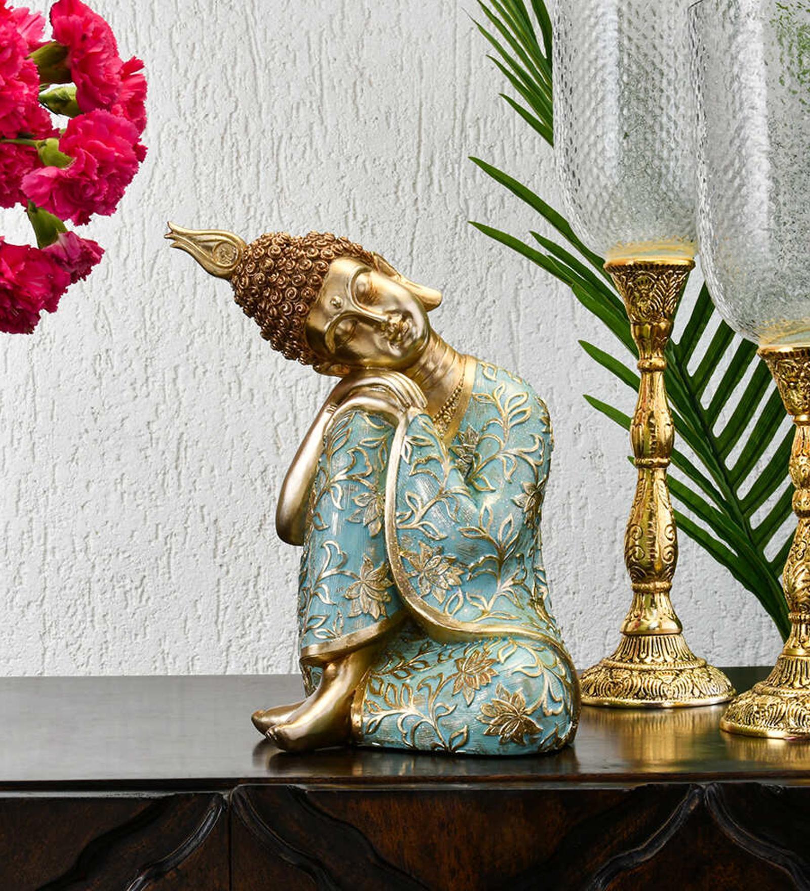 Buddha Resting On Knee Green & Gold Polyresin Buddha Idol