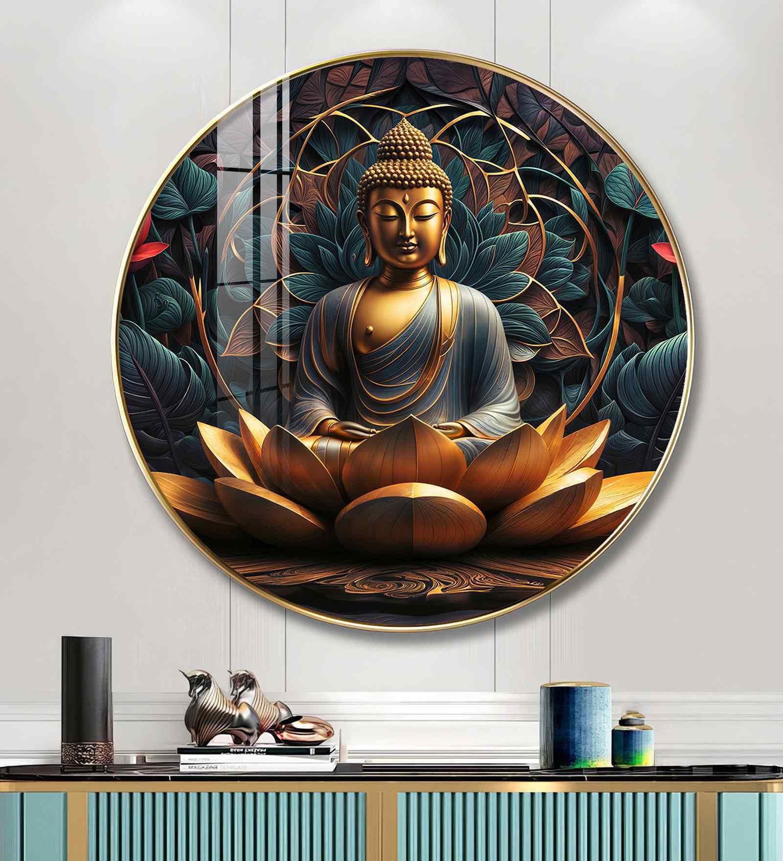 Buddha'S Reflection With Sacred Lotus Acrylic Round Wall Art