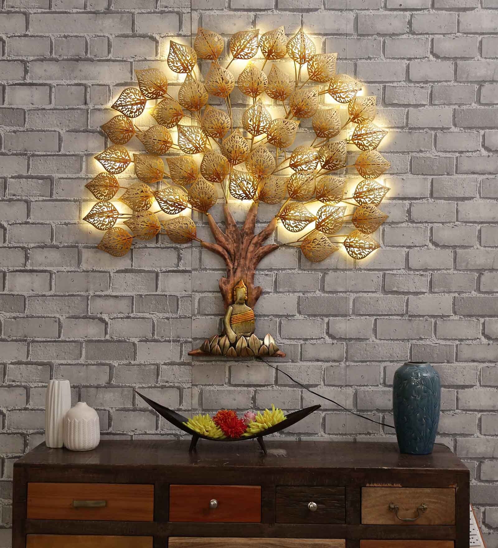 Yug Iron Decorative Tree Wall Art With LED In Gold