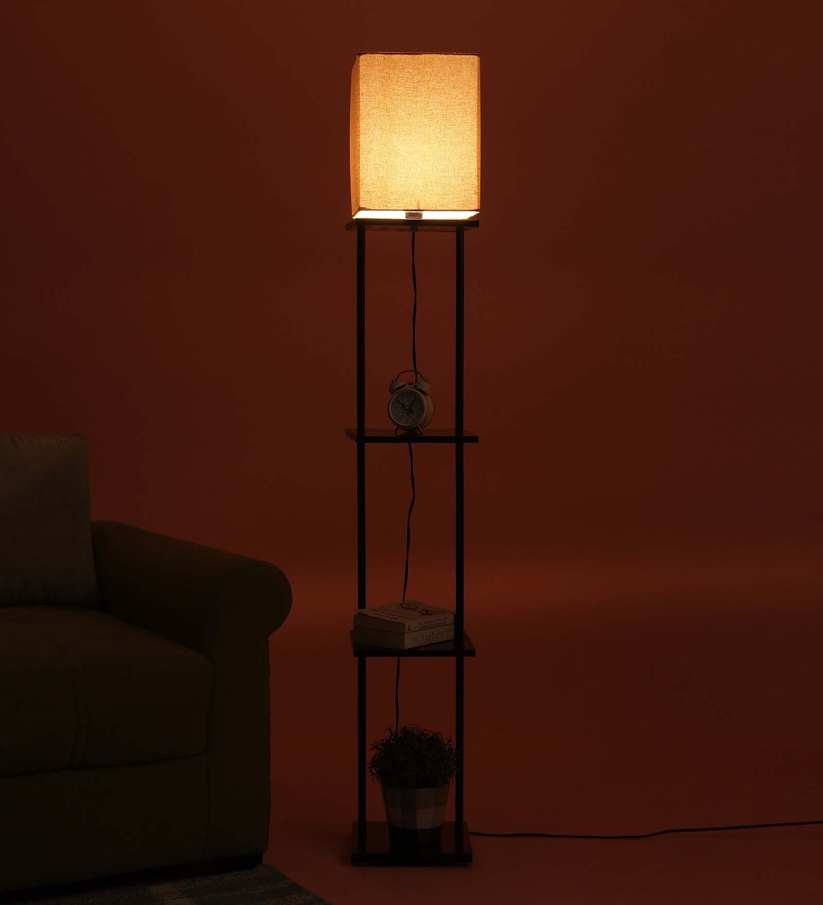Buddy Minimilistic 3 Tier Beige Cotton Shade Floor Lamp with Black & Walnut Color Shelf Base