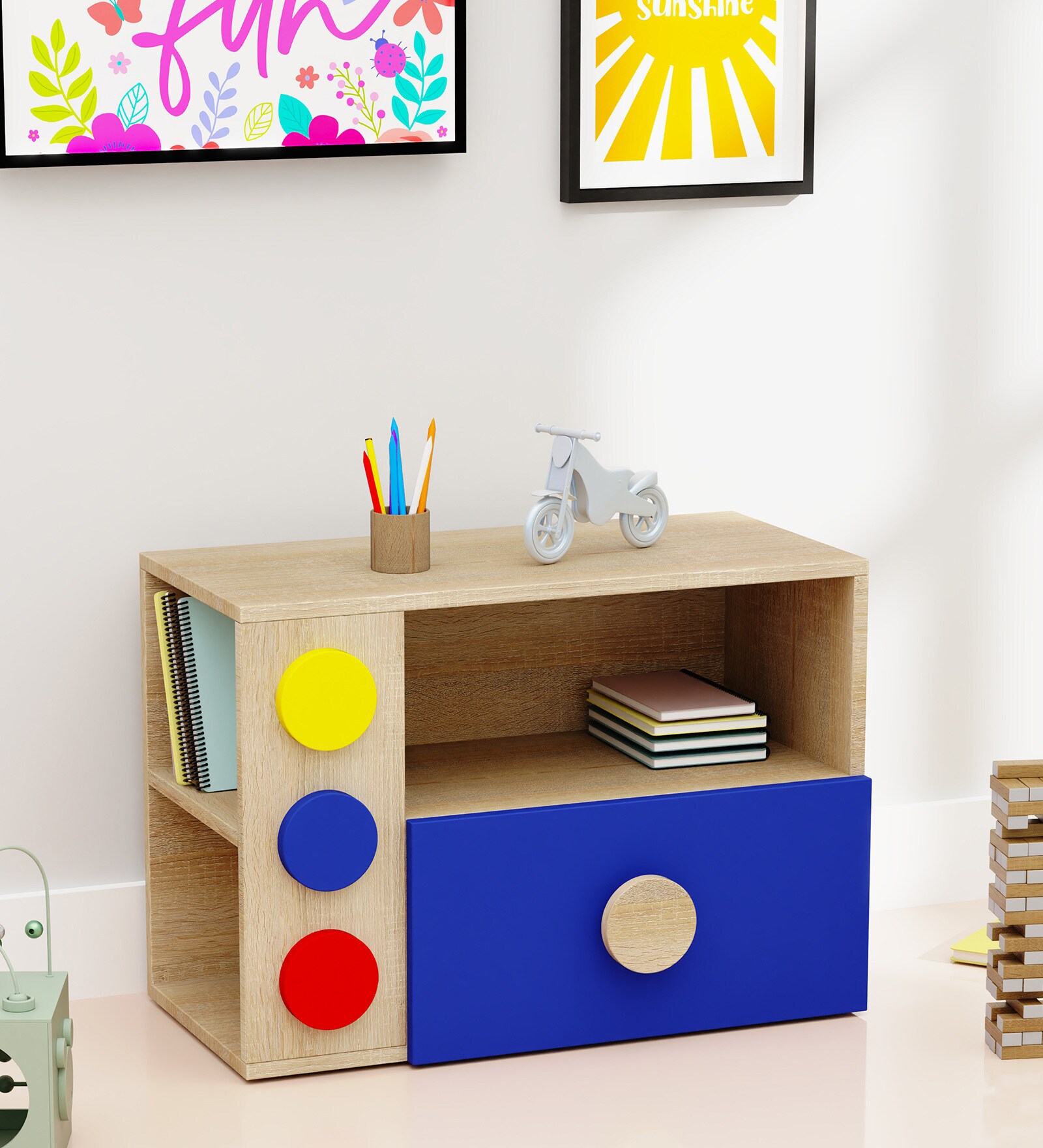 Building Blocks Kids Bedside Table in Oak & Blue Colour