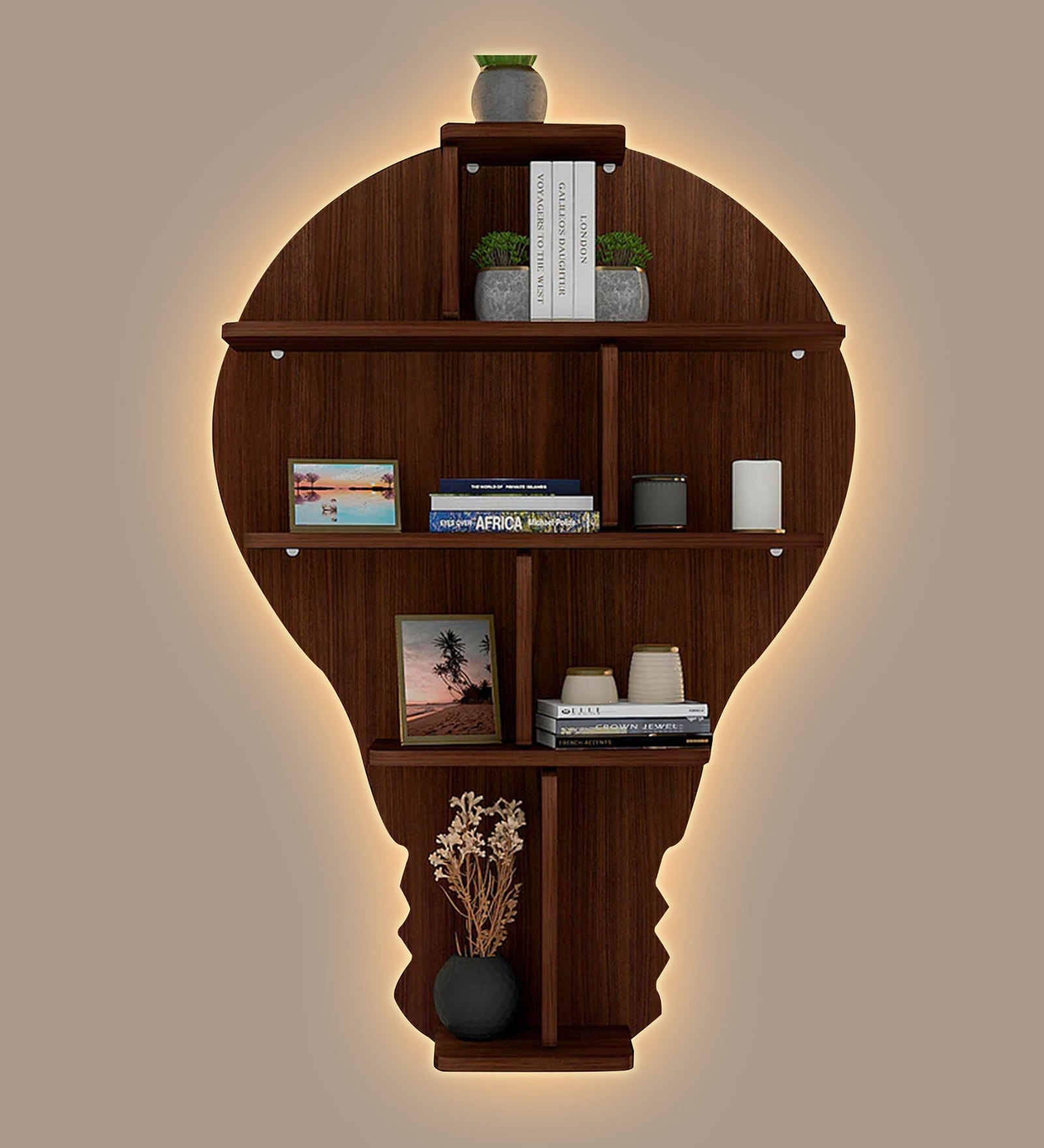 Bulb Shape Backlit Designer Wooden Wall Shelf