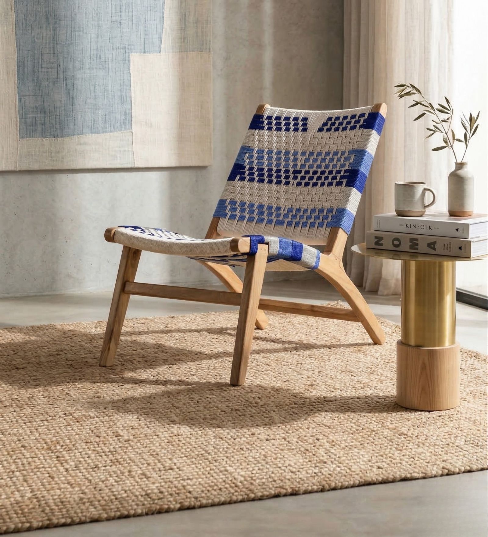 Bunai Rope Easy Chair Natural And In Ocean Blue Colour