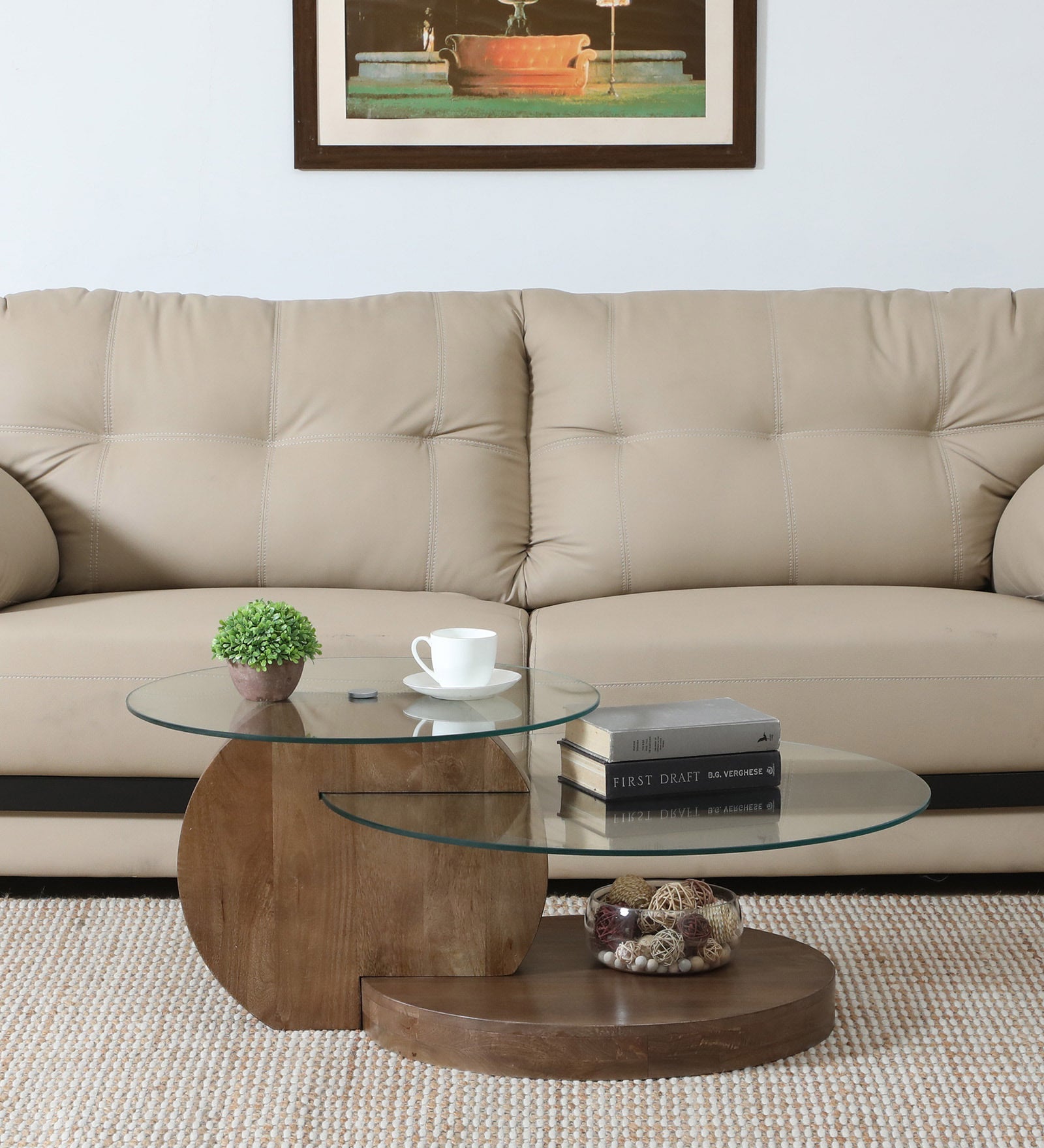 Bunch Solid Wood Centre Table with Glass Top in Walnut Finish