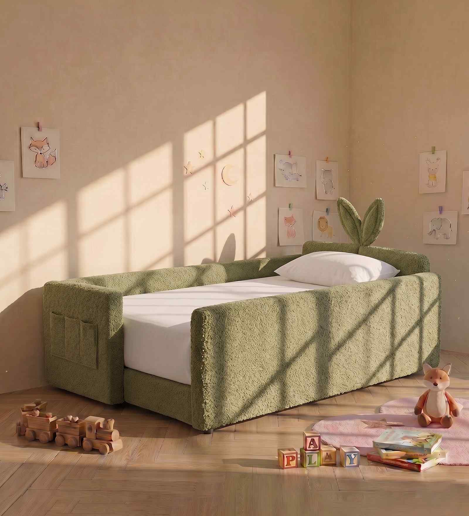 Bunny Boucle Kids Toddler Bed In Green Colour