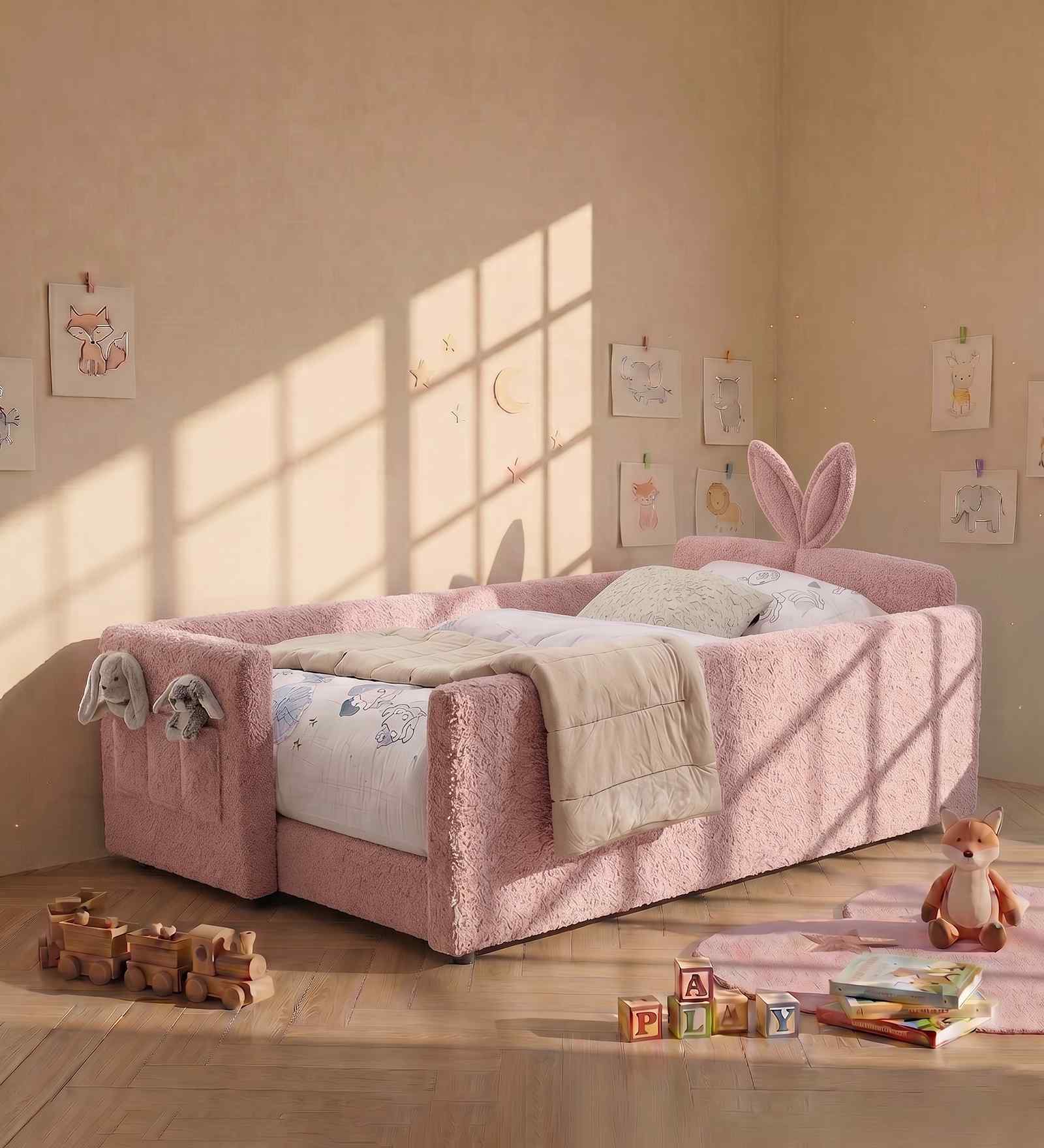Bunny Boucle Kids Toddler Bed In Pink Colour