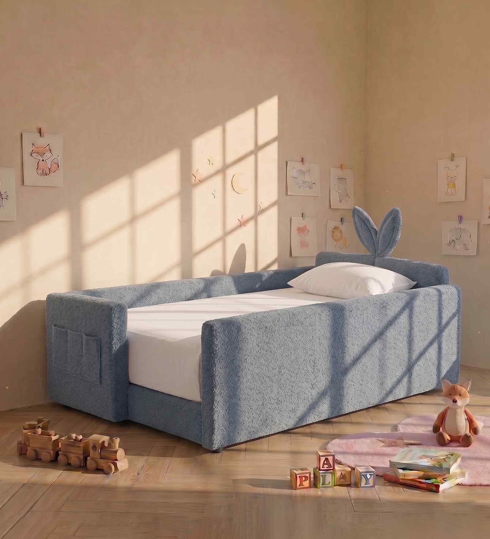 Bunny Boucle Kids Twin Bed In Blue Colour