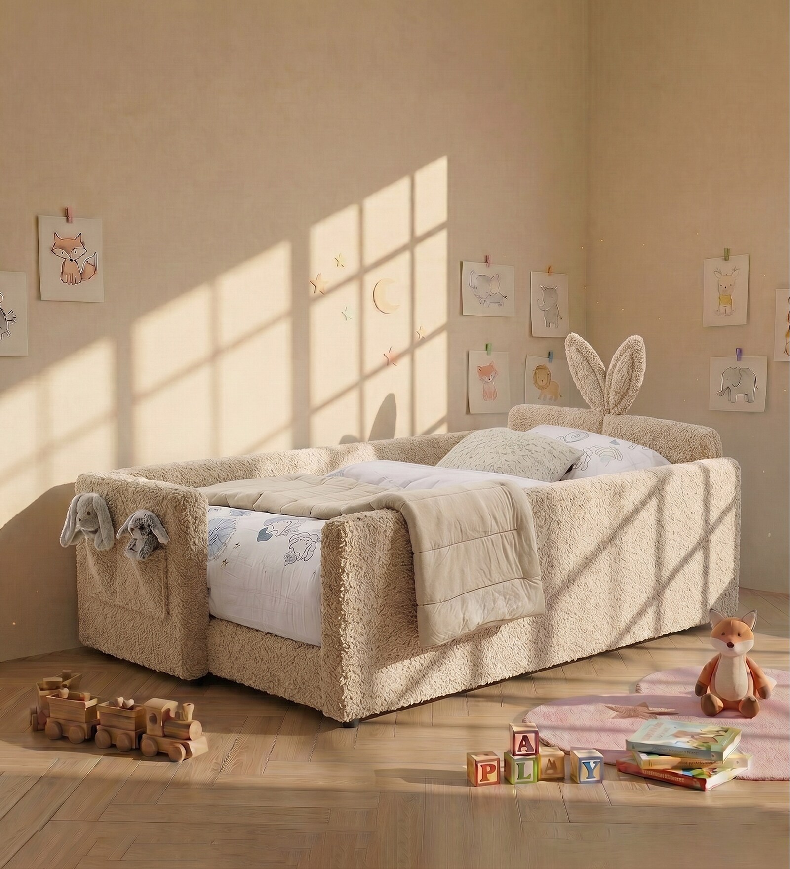 Bunny Kids Twin Bed With Box Storage In Camel Colour