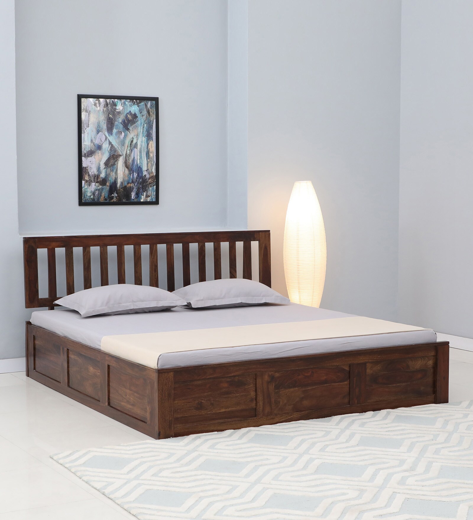 Buren Sheesham Wood King Size Bed In Provincial Teak Finish With Box Storage