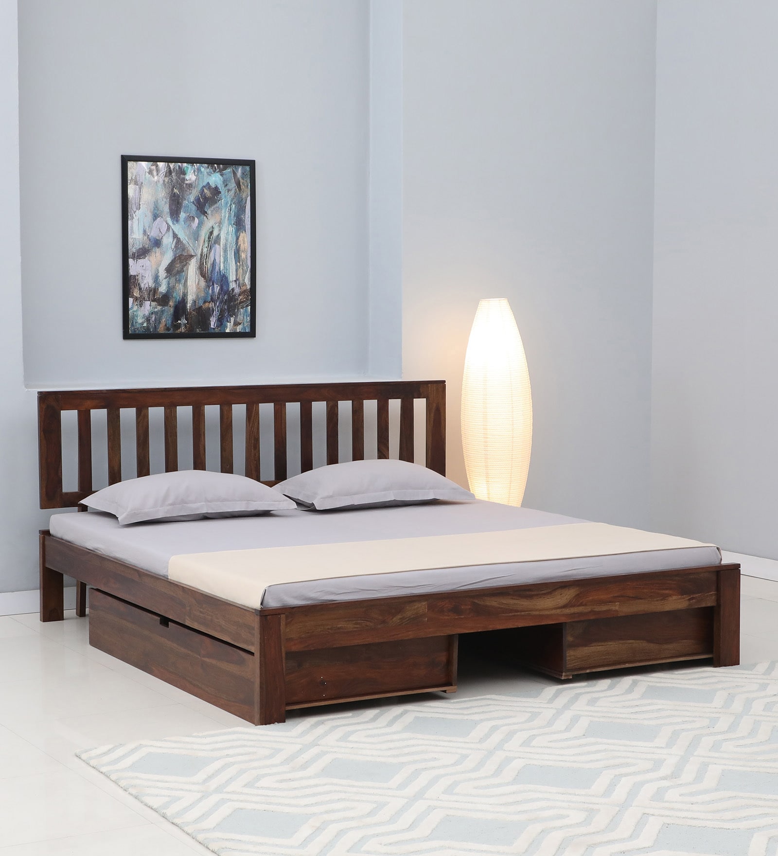 Buren Sheesham Wood King Size Bed In Provincial Teak Finish With Drawer Storage