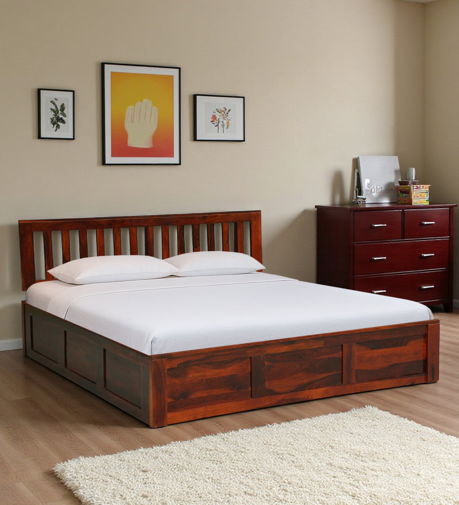 Buren Sheesham Wood Queen Size Bed In Honey Oak Finish With Hydraulic Storage