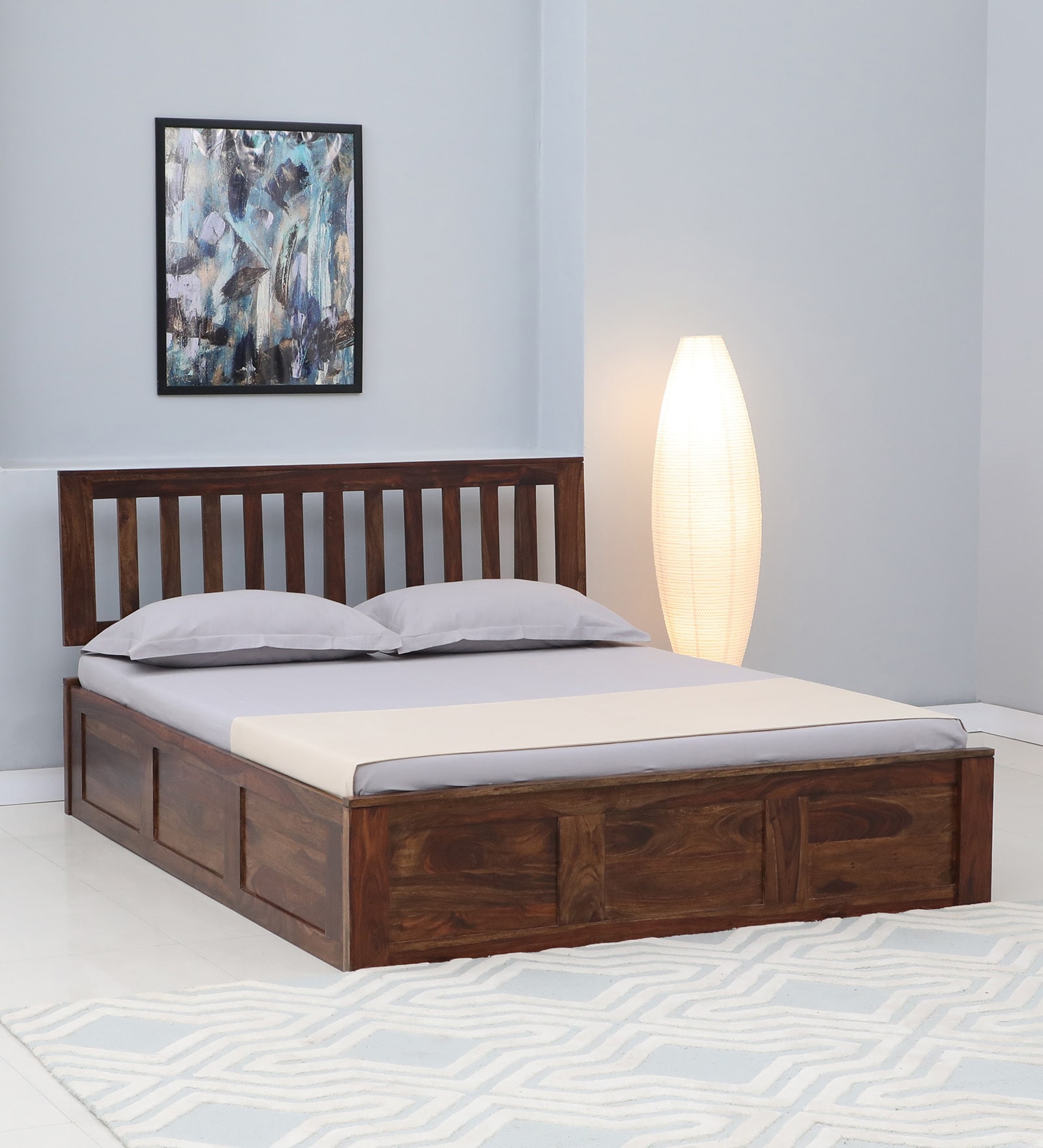 Buren Sheesham Wood Queen Size Bed In Provincial Teak Finish With Box Storage