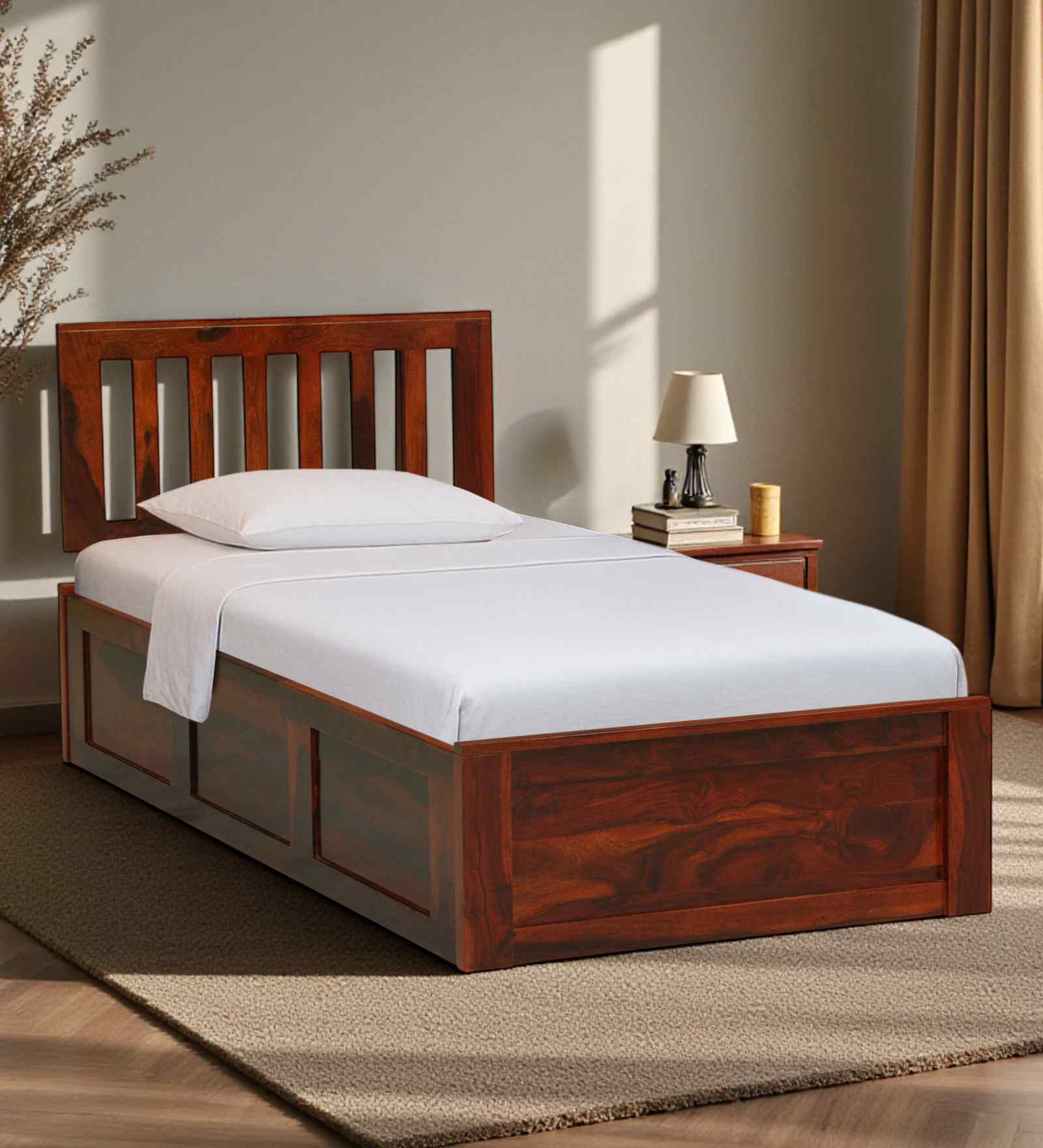 Buren Sheesham Wood Single Bed In Honey Oak  Finish With Box Storage