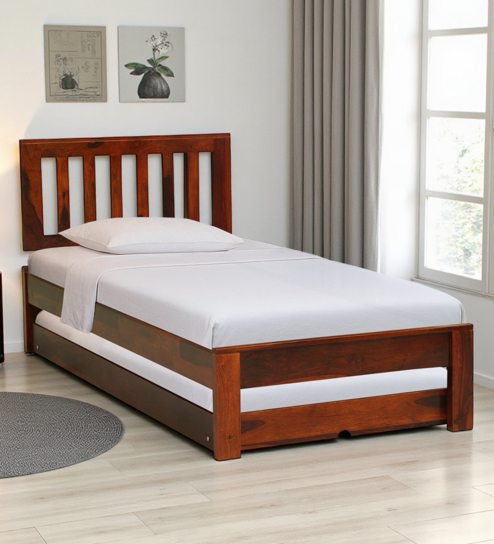 Buren Sheesham Wood Single Bed In Honey Oak  Finish With Trundle