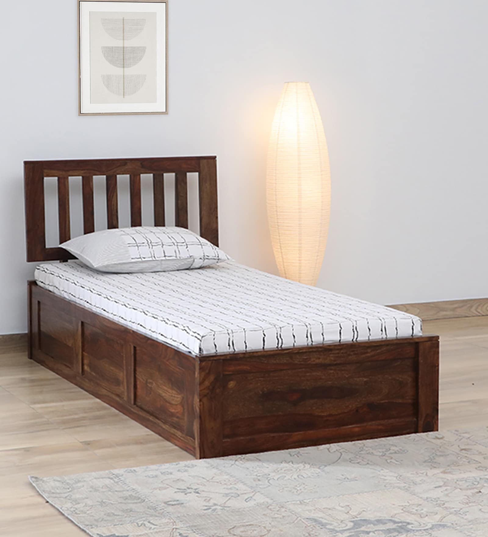 Buren Sheesham Wood Single Bed In Provincial Teak Finish With Box Storage