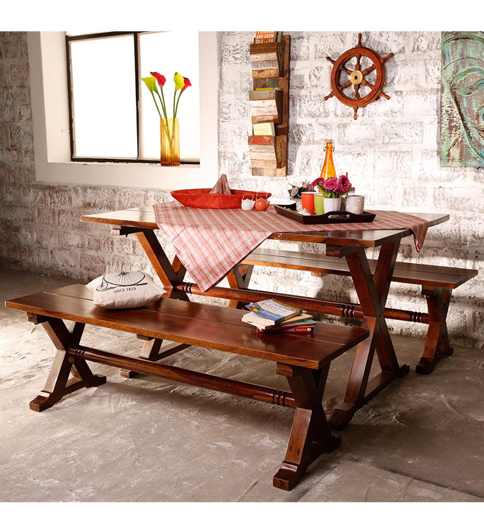 Burgdorf Six Seater Picnic Table Set in Provincial Teak Finish on Rent